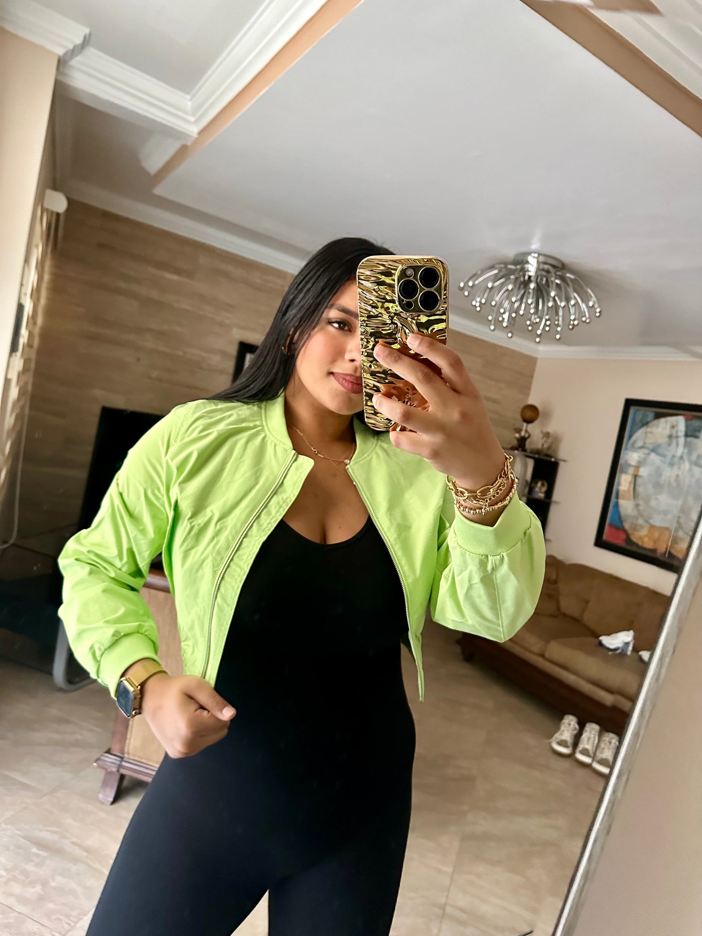 Green Crop Bomber Jacket